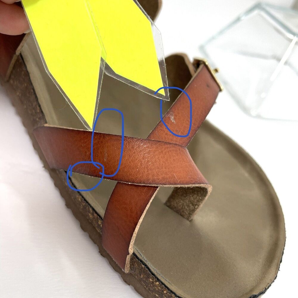 Madden Girl 8 M Leather Slides Brown Gold Buckle Criss Cross Slip on Sandals - Picture 13 of 13